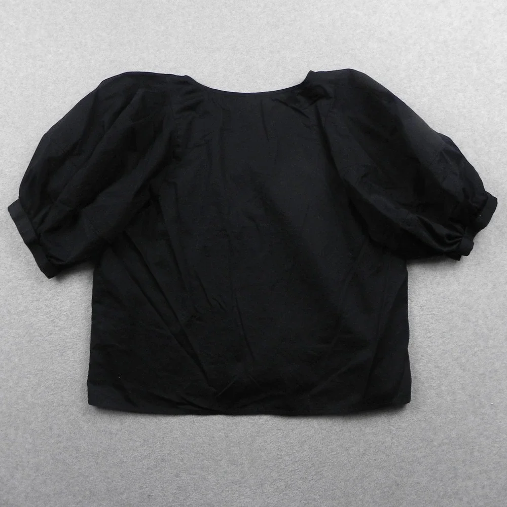 Madewell Top Womens Large Solid Black Cotton Short Puff Sleeve Scoop Neck Blouse